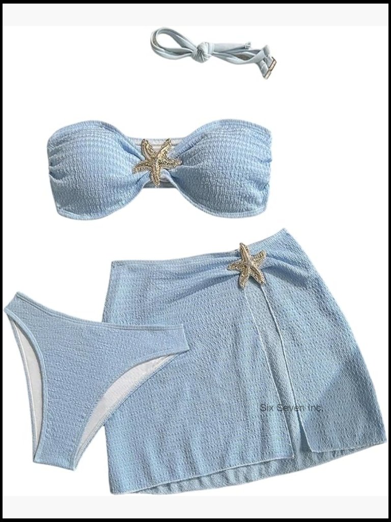 Strapless Bandeau Bikini Set With Sarong Coverup Skirt
